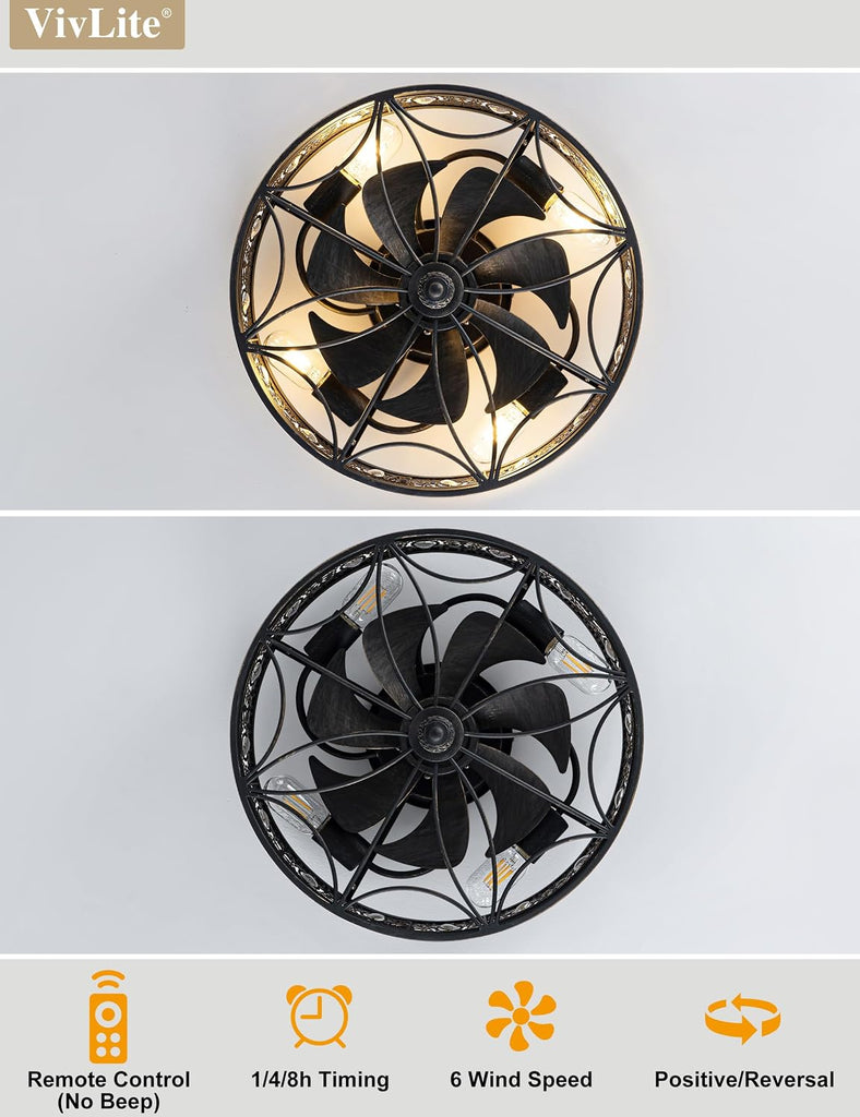 Caged Ceiling Fans with Lights,Vintage Victorian Rustic Crystal Fandelier,Low Profile Flush Mount