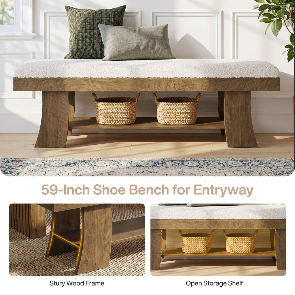 59-Inch Upholstered Entryway Bench with Storage Shelf, Indoor Cushioned Shoe Bench Seat, Farmhouse Skinny End of Bed