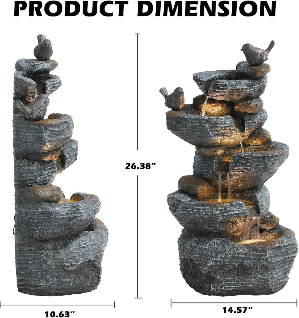 Outdoor 5-Tiers Cascading Rock Water Fountain, Waterfall Fountain with 4 LED Lights