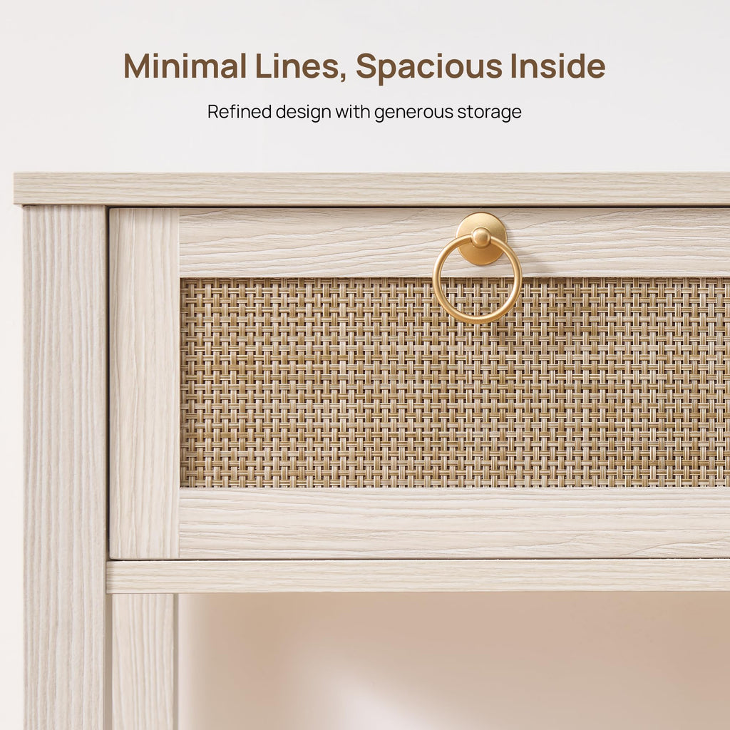 White Rattan Nightstand with Storage Shelf, Boho Bedside Table