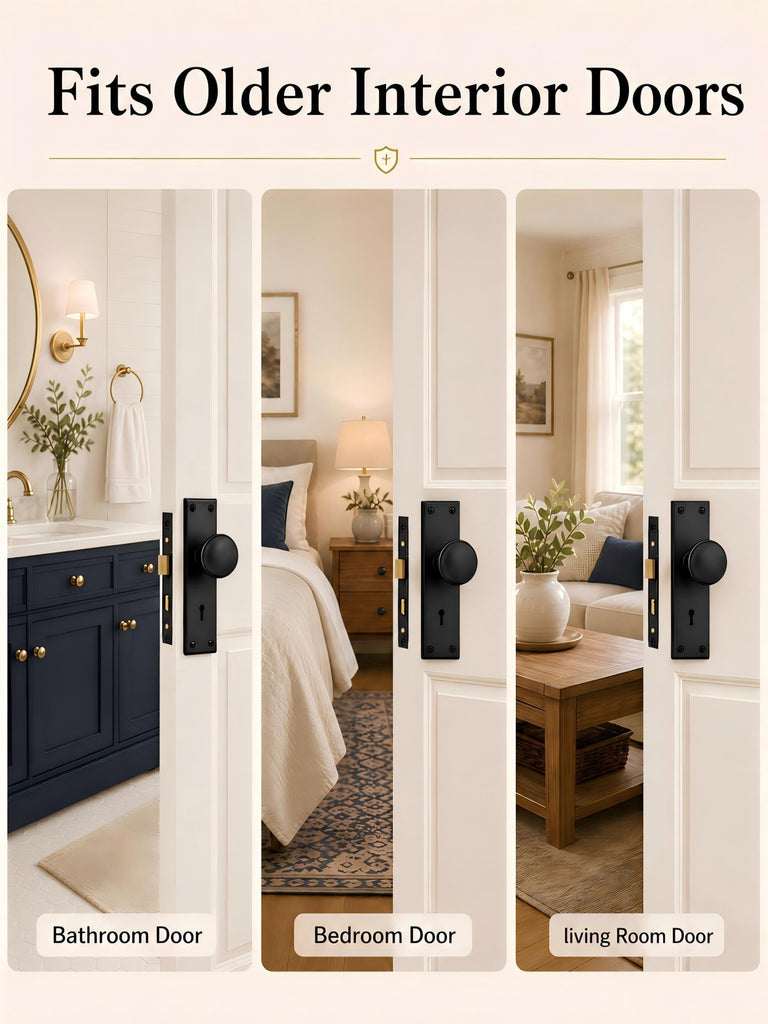 Matte Black Vintage Mortise Lock Set with Round Door Knobs