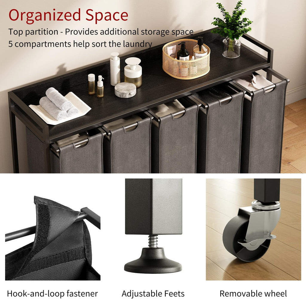 Laundry Hamper with Shelf, Laundry Basket 5 Section, Laundry Sorter with Pull-Out Removable Large Bags and Movable