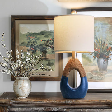 19" Boho Lamp, Bedside for Nightstands, Table Lamp, Suitable for Small Space, Coastal Farmhouse, End Table, Rattan