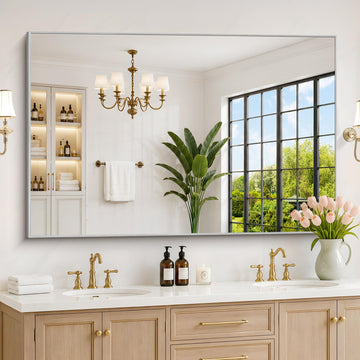 60" x 40" Bathroom Mirror, Silver Metal Frame Wall Mirror