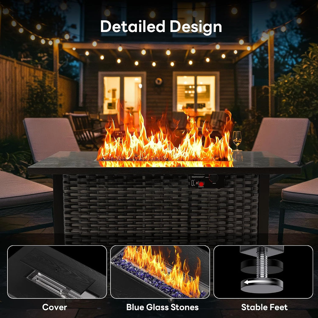 43" 4-in-1 Propane Fire Pit Table, 50,000 BTU, CSA Certified | Rattan Gas Fire Pit Table with Lid, Blue Fire Glass