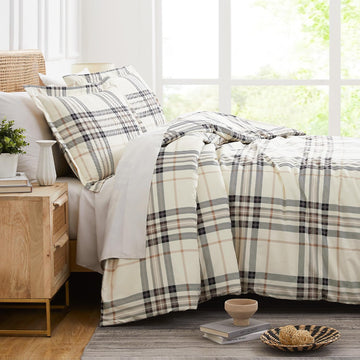 3 Piece Comforter Set w/ Shams, Tofu Cream Bedding Plaid