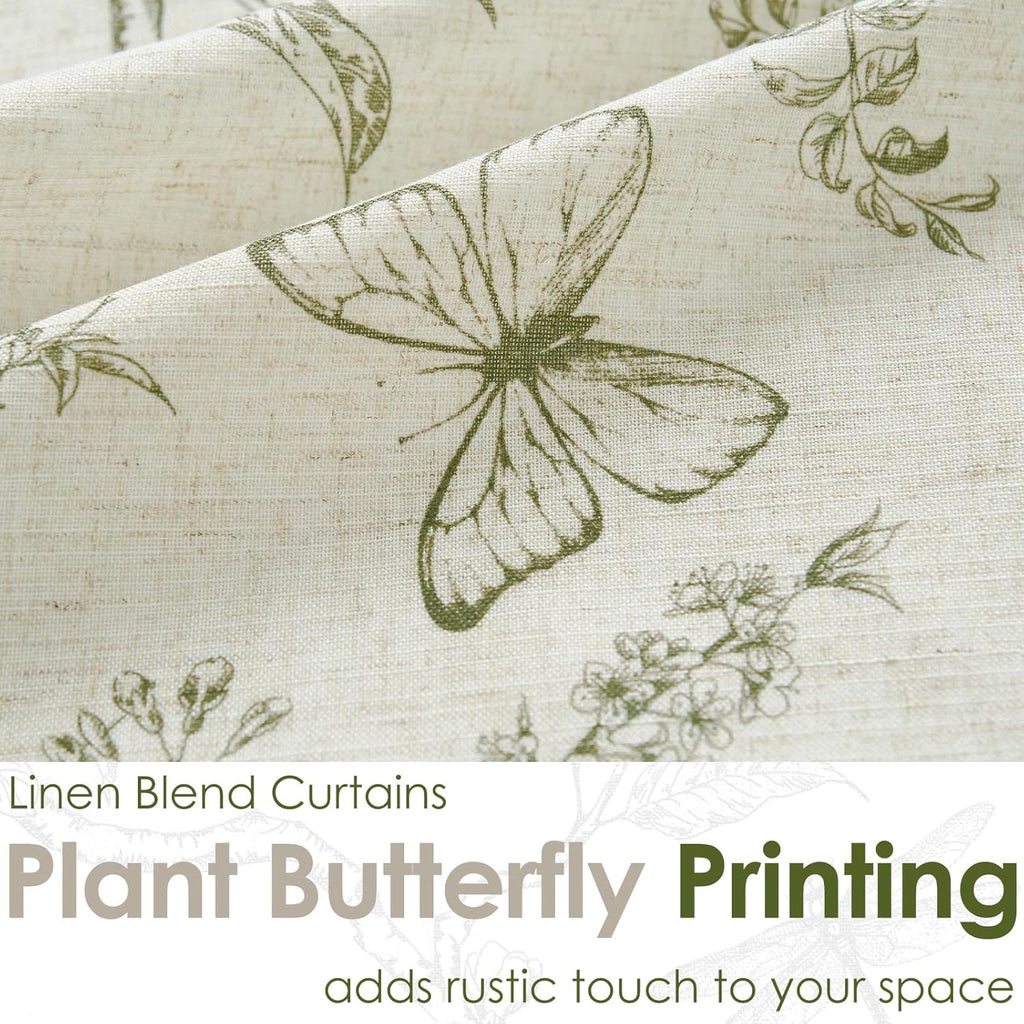 Green Floral Linen Kitchen Curtains 24 Inch Long, Linen Farmhouse Cafe Rustic Country Small Curtains Rod Pocket Tiers