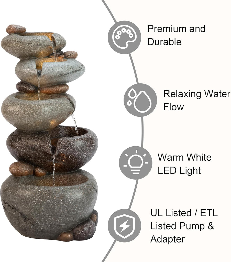 Water Fountain Outdoor, 5-Tiered Stacked Pebbles Outdoor Fountain with LED Lights and Pump, 24.5" H Zen Style
