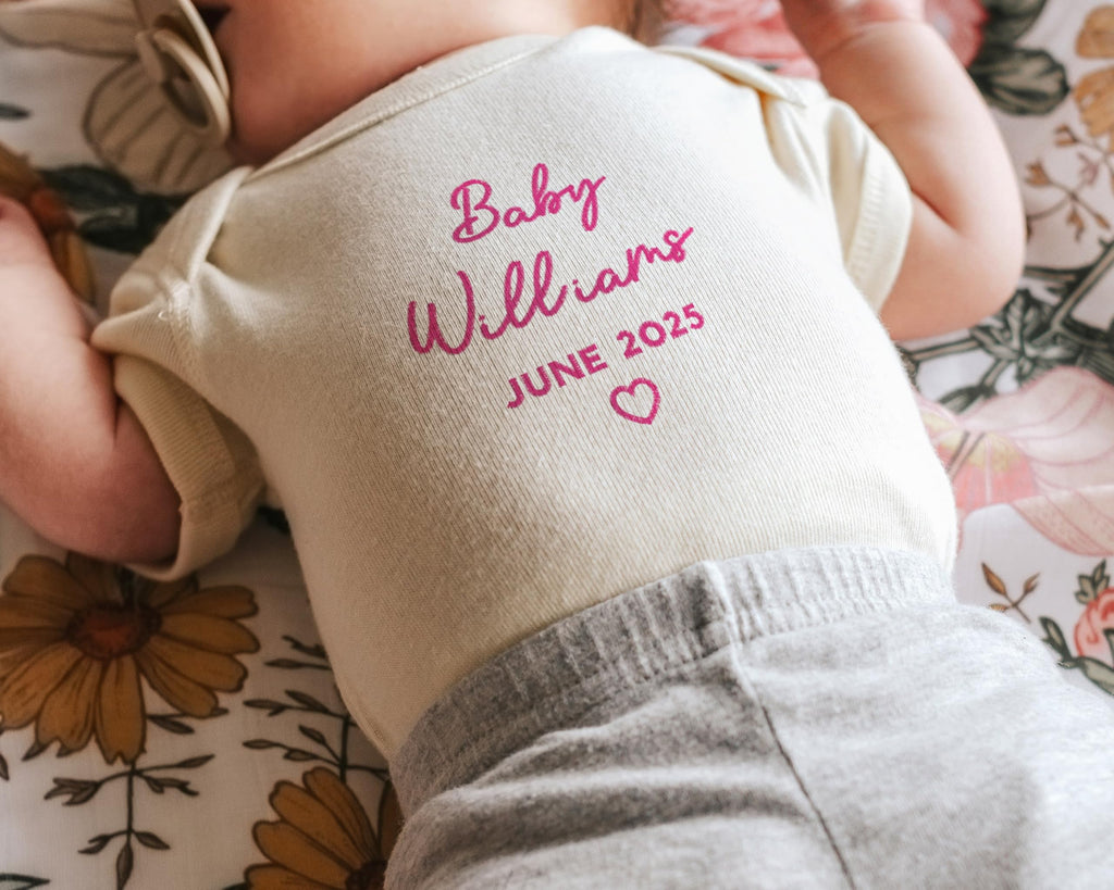 PHYSIQUE Custom Embroidered Pregnancy Announcement Bodysuit, Newborn Gift, Coming Soon Baby Clothing with Name & Date