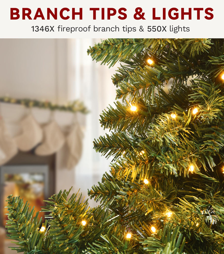 7.5FT Pre-Lit Artificial Christmas Tree Green 1285 Tips 550 LED Lights