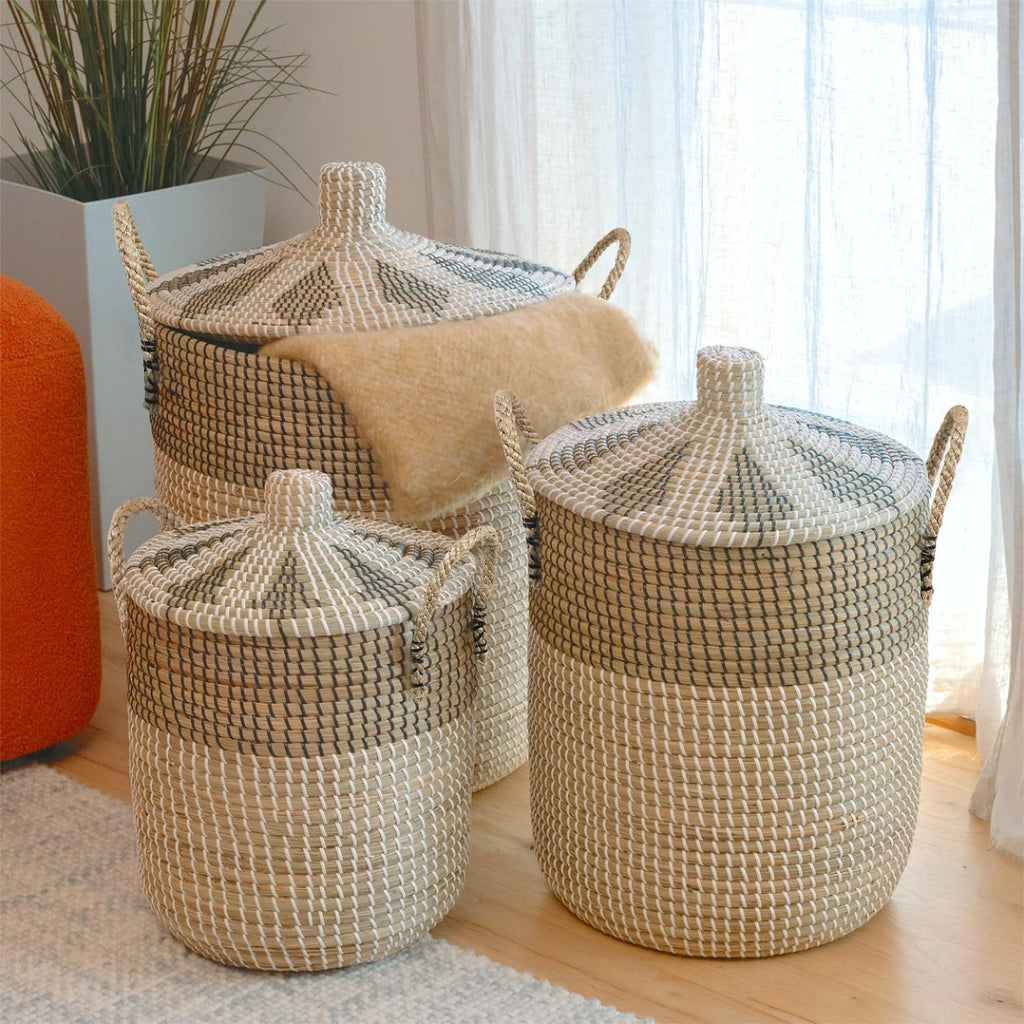 Set of 3 Laundry Hamper with Lid, Handmade Seagrass Woven Storage Basket for Toys, Pillows, Blankets, Clothes