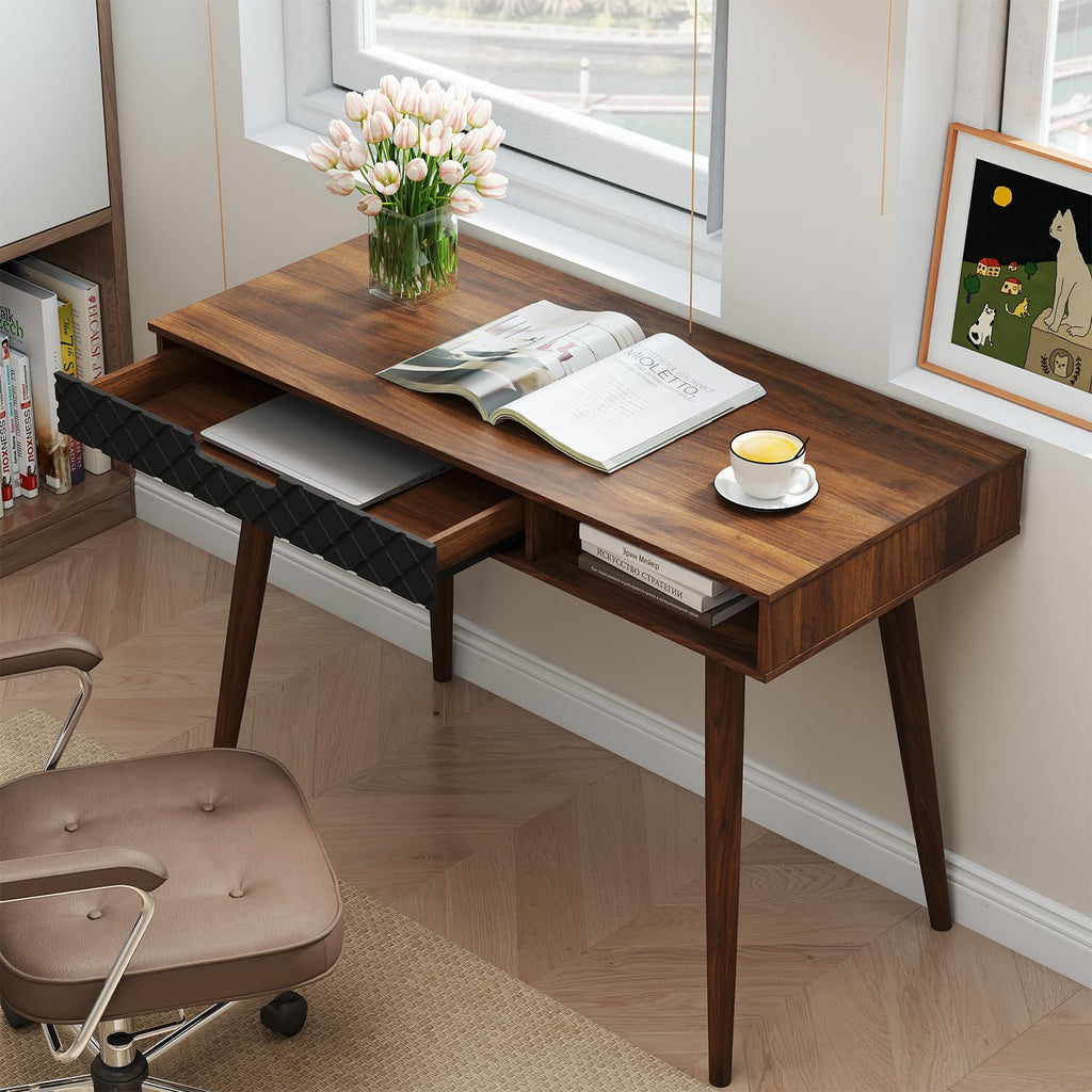 Mid Century Modern Desk, Home Office Standing Desk w/Drawer & Open Compartment, Small Computer Desk Work Study Table