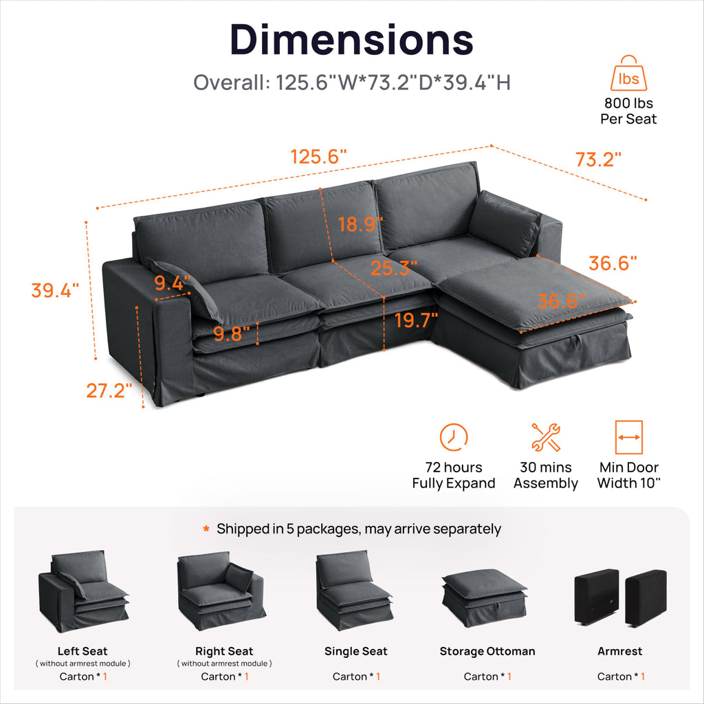 125" Washable Oversized Modular Sectional Sofa Couches, Grey