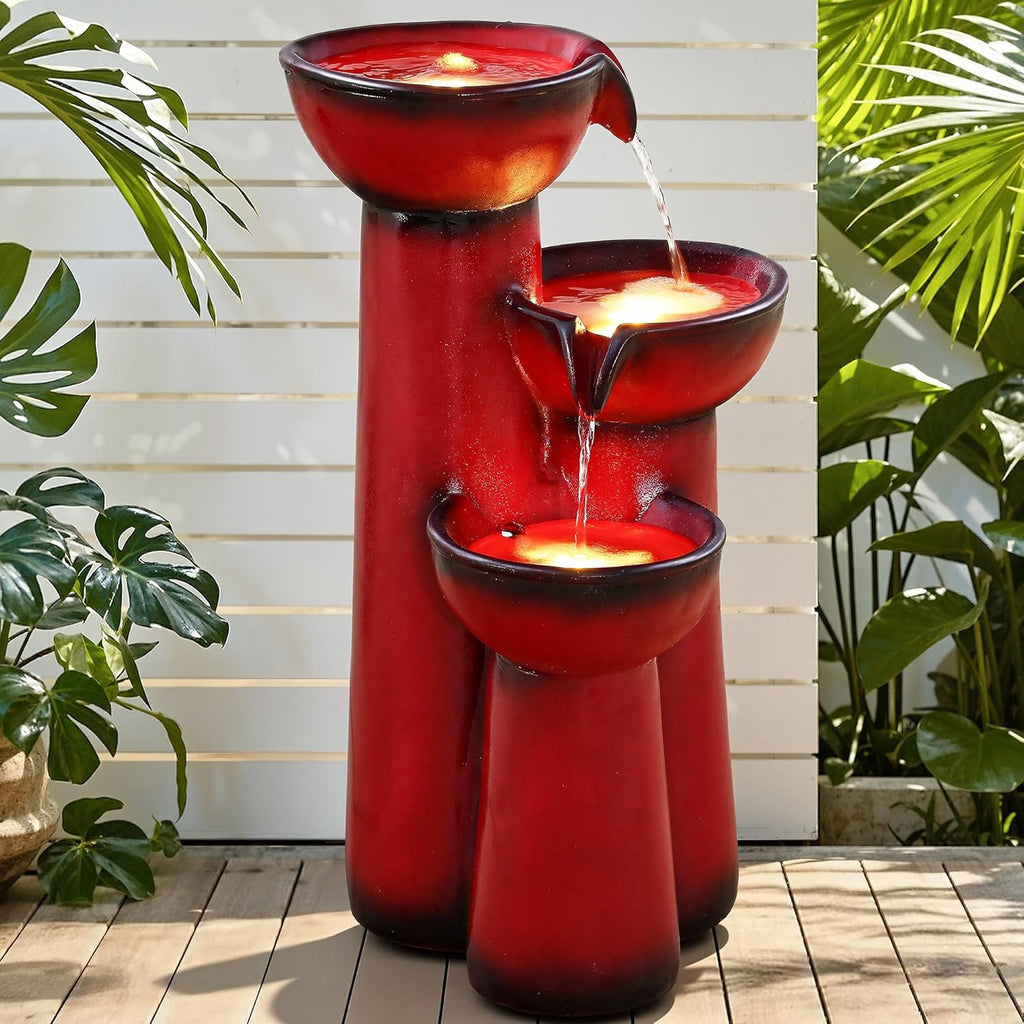 27" Outdoor Water Fountain with LED Lights, 3-Tier Cascading Faux Ceramic Column Water Feature with Pump Patio