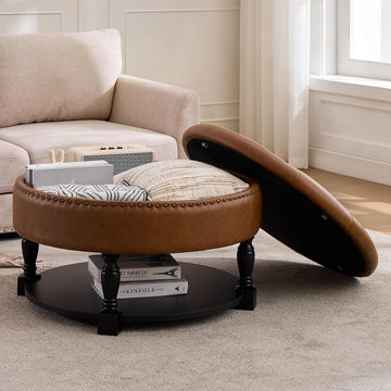 31.5 Inch Round Storage Ottoman Coffee Table with Shelf, PU Brown | Round faux leather storage ottoman coffee table