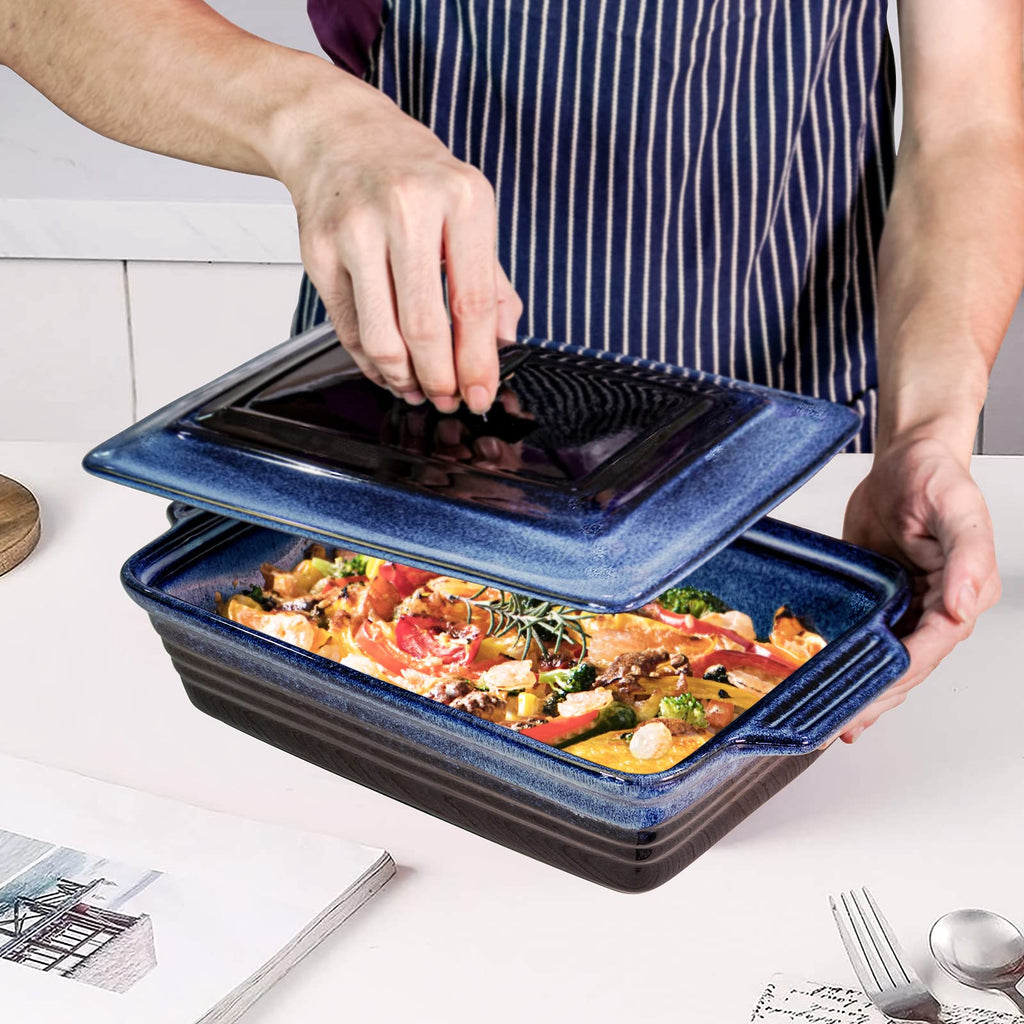 Casserole Baking Dish with Lid - Ceramic Blue Lasagna Pan 3.2 Quart, Large Covered Bakeware Set 9x13 for Cooking