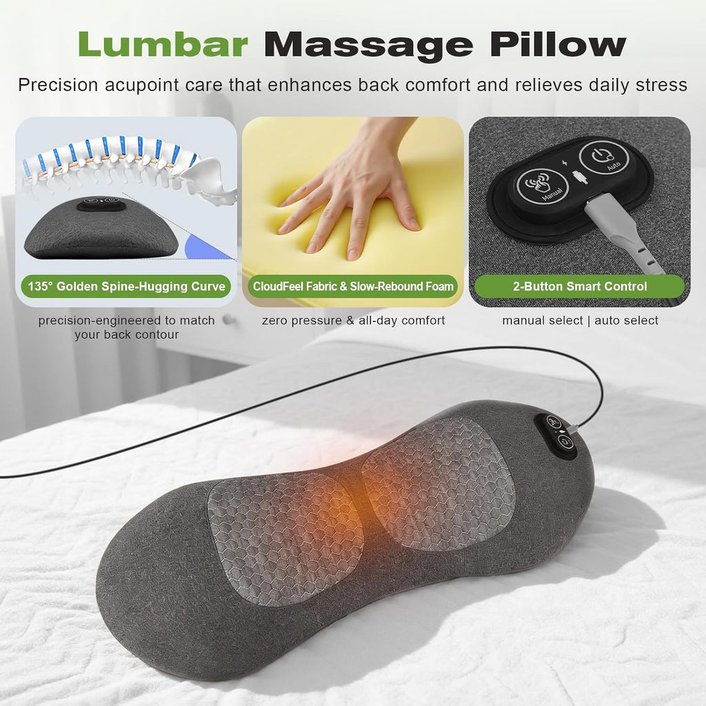 3-in-1 Lumbar Support Pillow with Heat, Vibration & Air Lift, Back Massager | Gentle heat and vibration massage