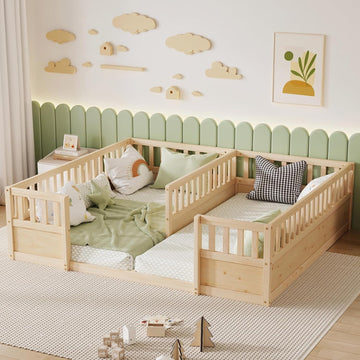 Double Floor Beds for 2 with Fence, Natural