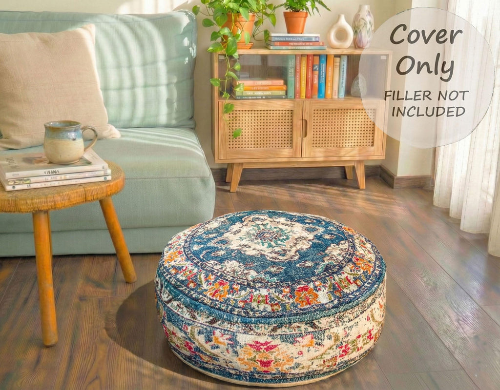 Floor Pillow Cover Blue Round Floor Cushion Boho Room Décor Moroccan Seating Area Perfect Pouf Ottoman for Living