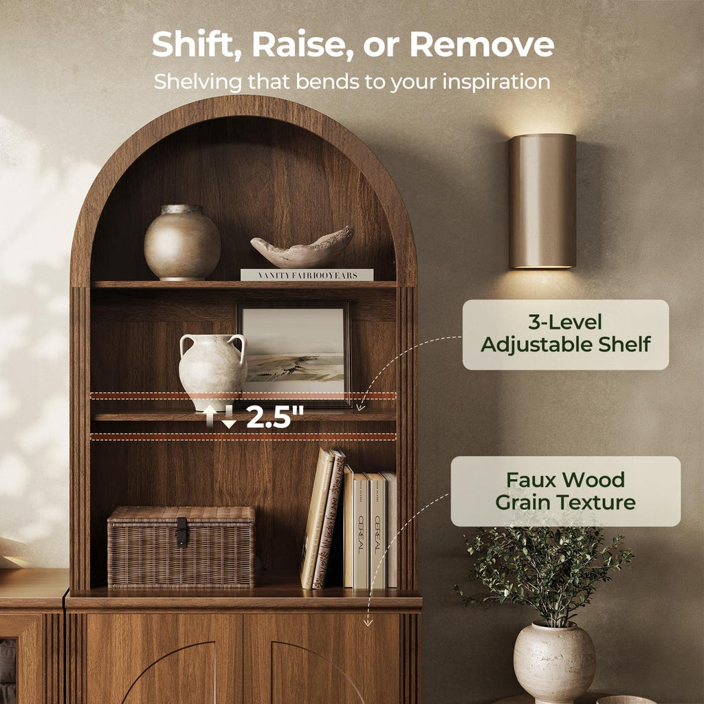 Monos 77-Inch Tall Modular Arched Bookcase with Door and Hutch, Walnut | Modular Setup, Vintage-Inspired Design