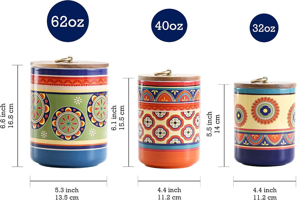 Tunisian Ceramic Canister Counter, 62oz, 40oz, 32oz each, with Wooden Air Tight Lid, Food Storage Jar - Set of 3