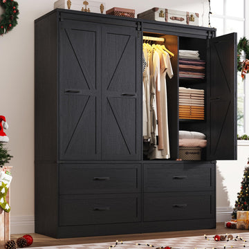Farmhouse 4 Doors Armoire Wardrobe Closet w/Folding Sliding Barn Door and Lights, LED Armoire Closet w/Drawers