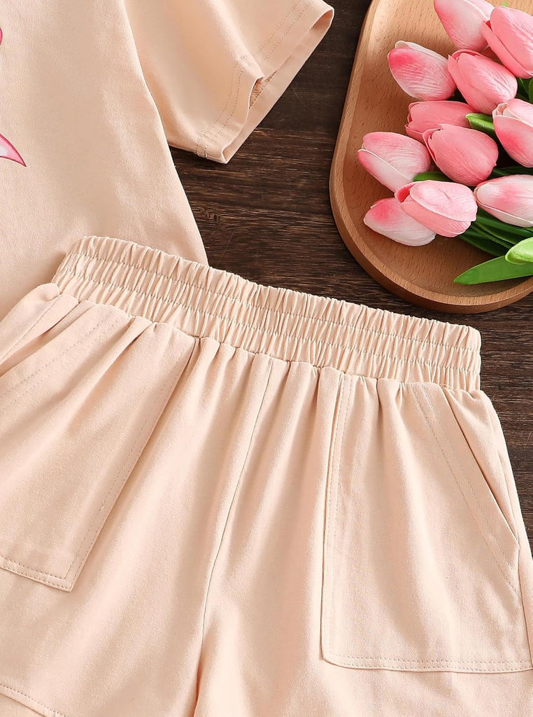 Girls 2 Piece Summer Outifts Graphic Short Sleeve Tops and Elastic Waist Shorts Set with Pocket
