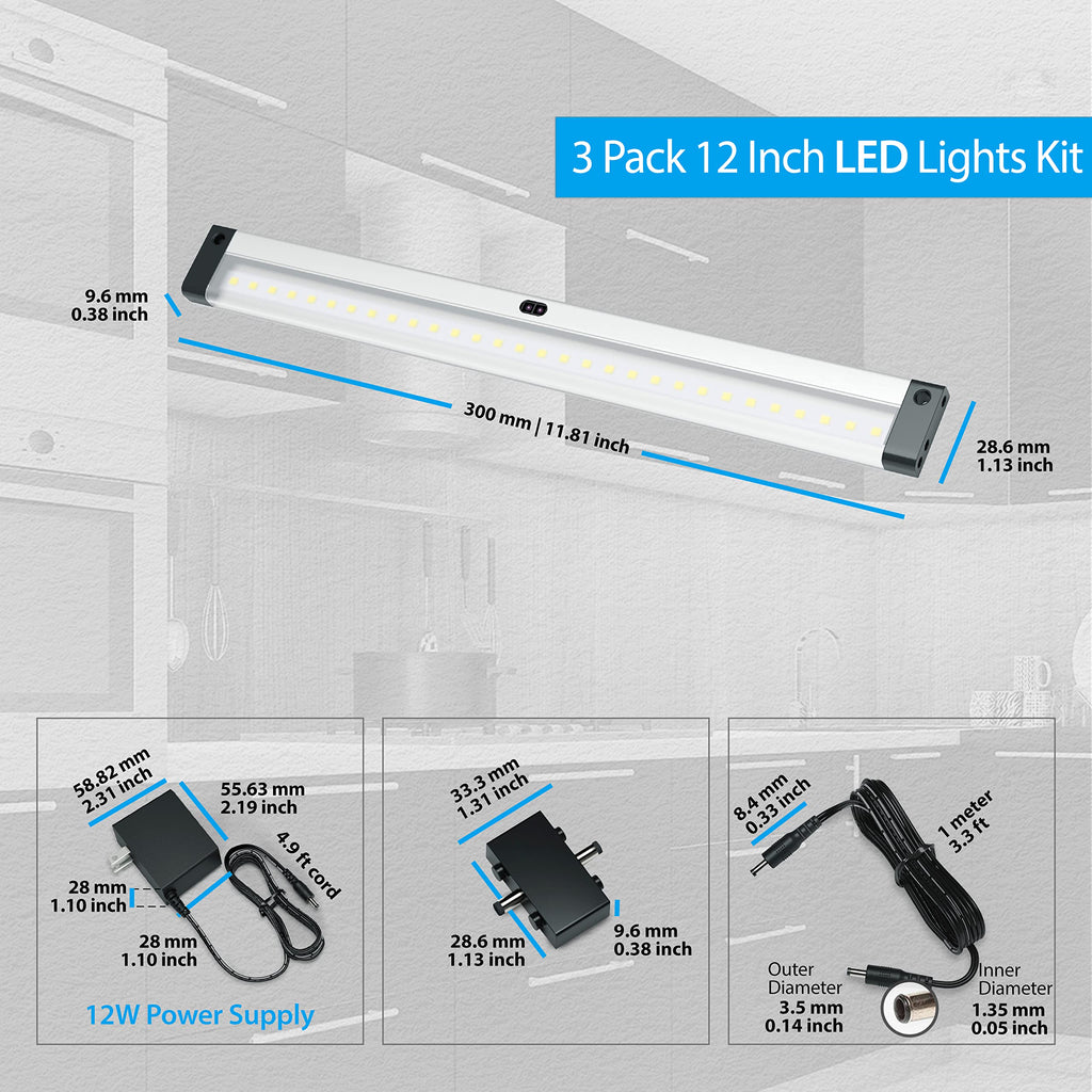 Hand Wave Activated Under Cabinet LED Lighting Kit, Dimmable, 3-Pack 12 in - Touchless Dimming Control, Black Under