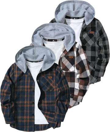 3 Pack Boys Girls Plaid Flannel Shirts Unisex Kids Long Sleeve Casual Button Down Shirts with Hood
