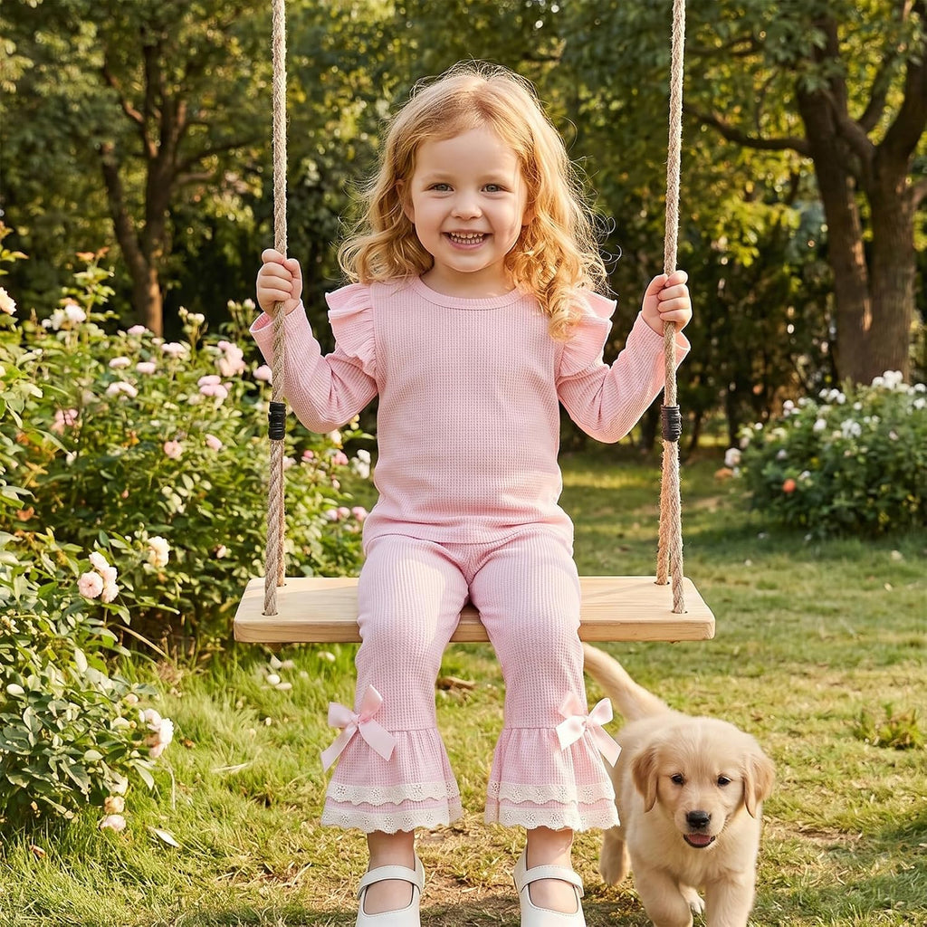Toddler Baby Girl Fall Clothes Waffle Long Sleeve Shirt Tops and Bell Bottoms Pants 2 Piece Outfits for Girls