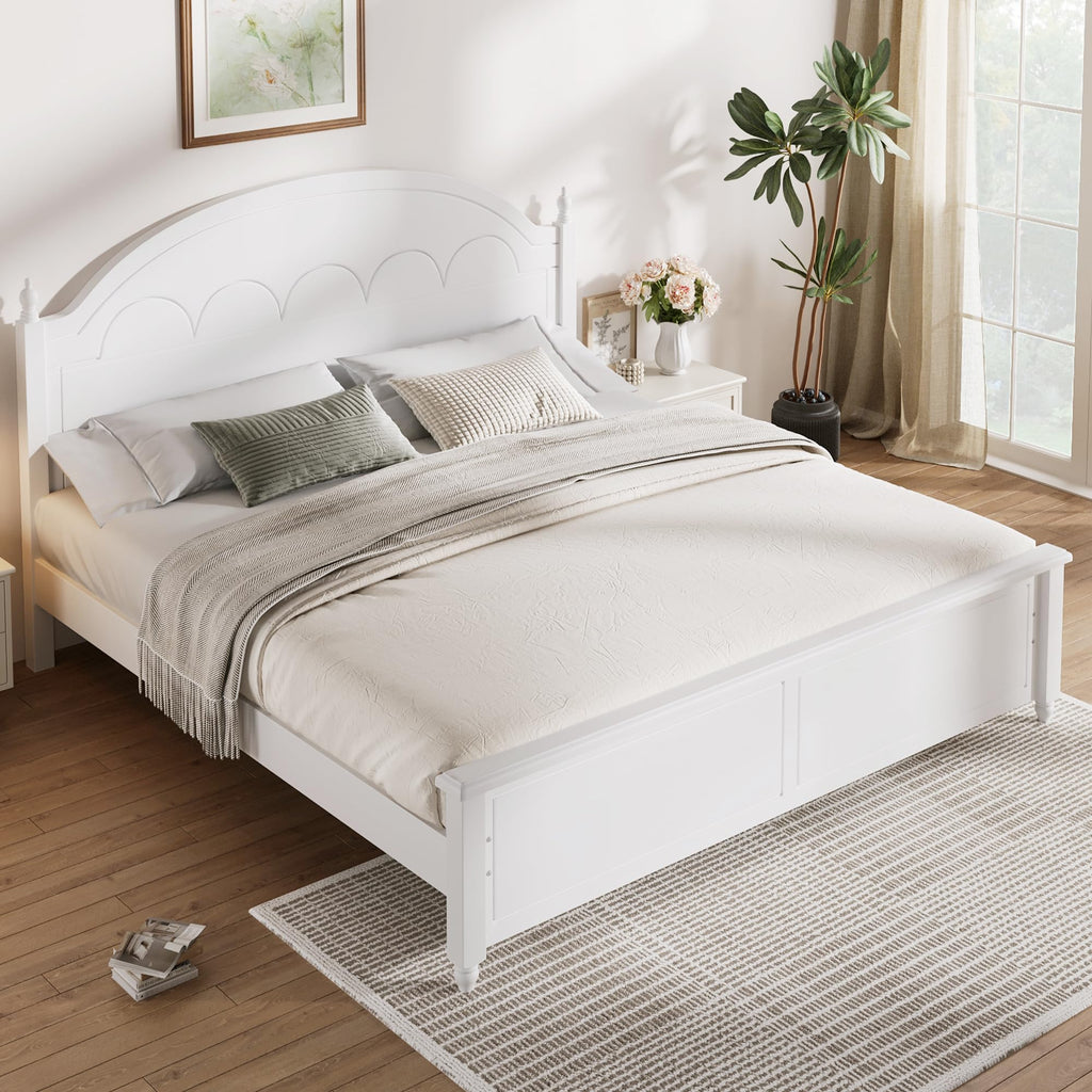 Wooden Bed Frames with White Headboard, Japanese Pine Wood Platform Bed, Rustic & Mid-Century Modern