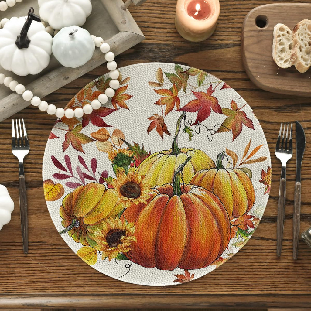 Pumpkins Maple Leaves Round Fall Placemats Set of 4-14 Inch