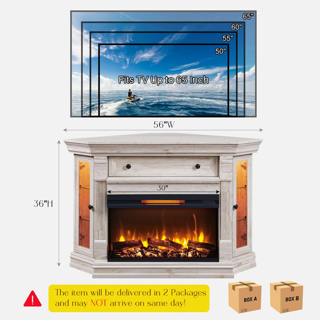 56" Farmhouse Corner TV Stand with 3-Side Fireplace Antique Brush White