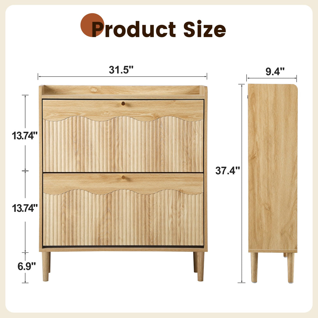 Oak 31.5" Fluted Shoe Storage Cabinet with 2 Flip Drawer