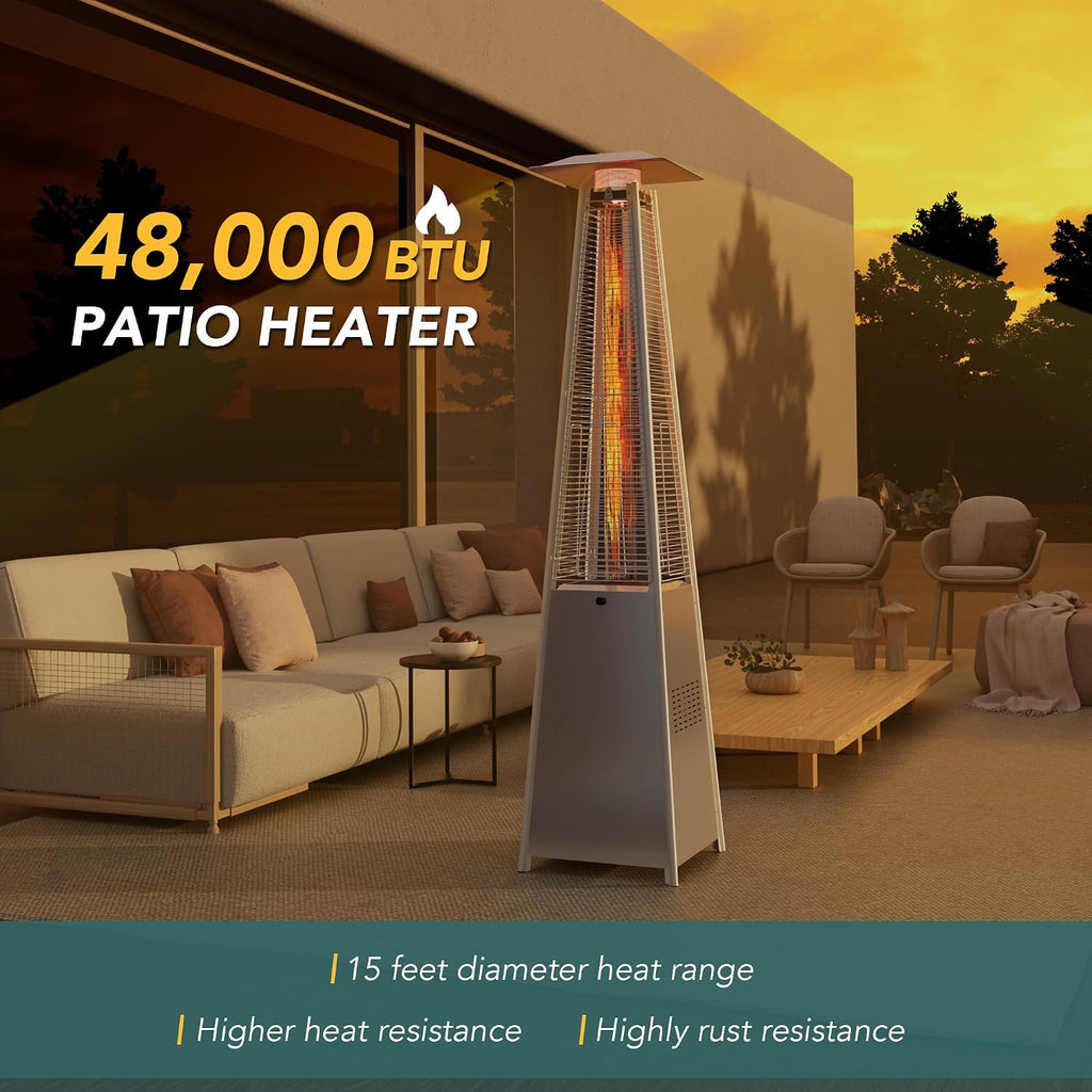 Patio Heater, 48,000 BTU Pyramid Flame Patio Outdoor Heater with Cover, Quartz Glass Tube Stainless Steel Propane