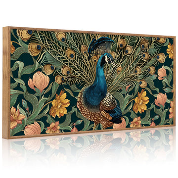 Boho Peacock Framed Canvas Wall Art, Vintage Animal Feather Wall Decor, Large Green Gold Botanical Floral Artwork Set