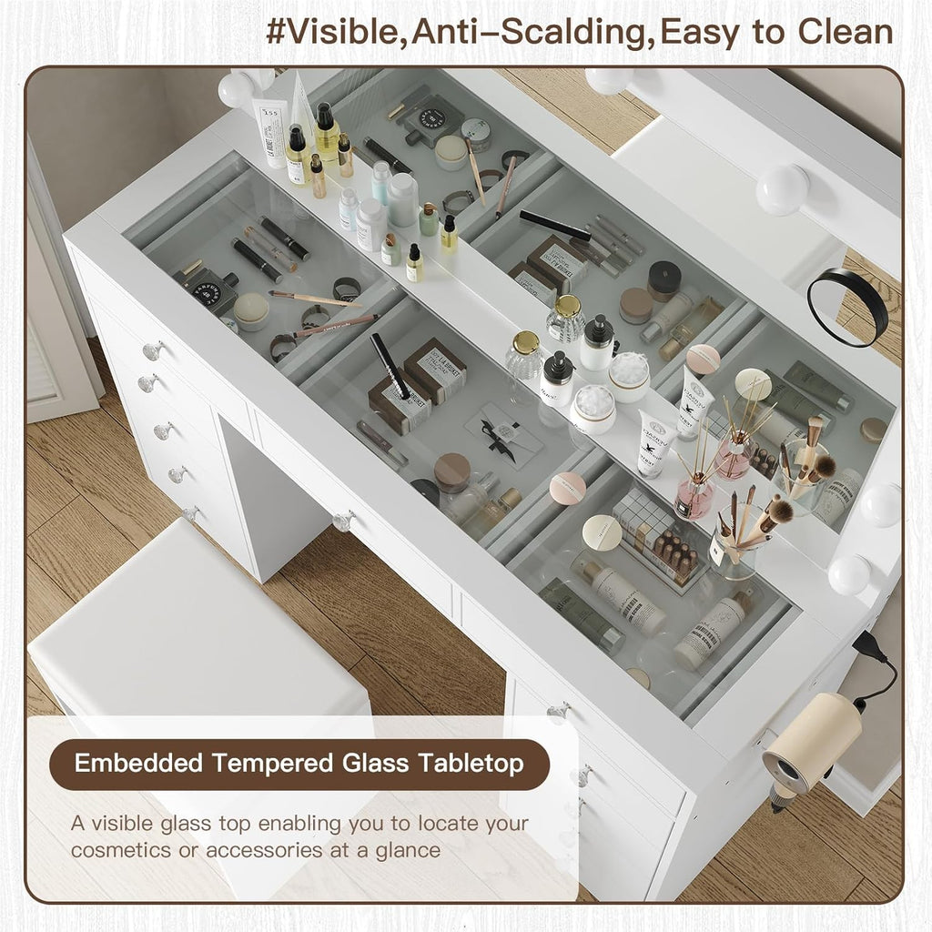 Vanity Desk & Power Outl, Makeup Vanity with Mirror and 12 LED Lights, Makeup Table with 11 Drawers, Vanity Table