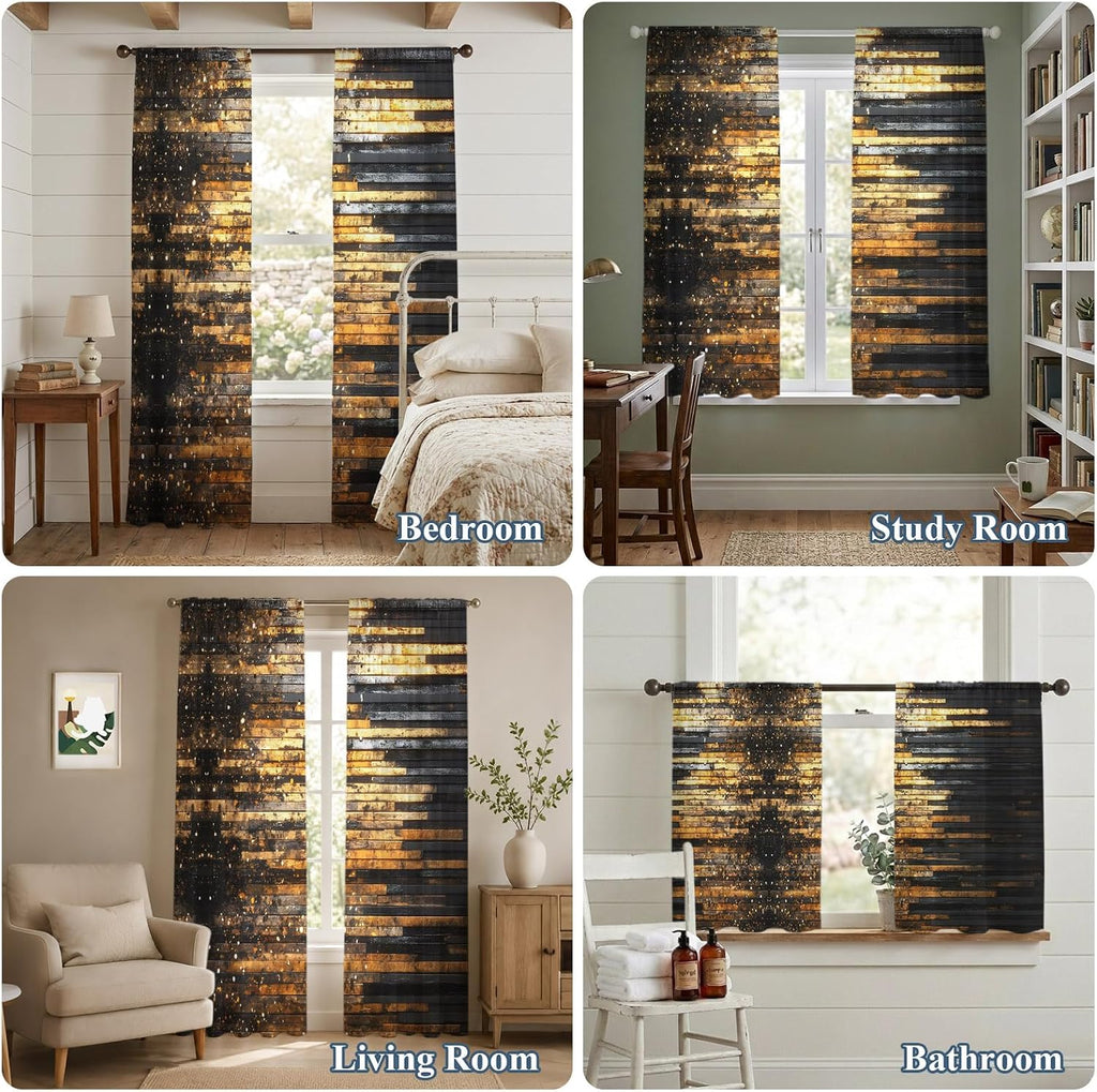 Sheer Curtains 96 Inches Long, Luxury Golden Black Light Filtering Window Curtains , Geometric Art Deco Modern Rod