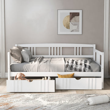 Wood Daybed with Rails Twin Bed Wooden Slats Support Modern Living Daybed (Twin with Drawers, White)