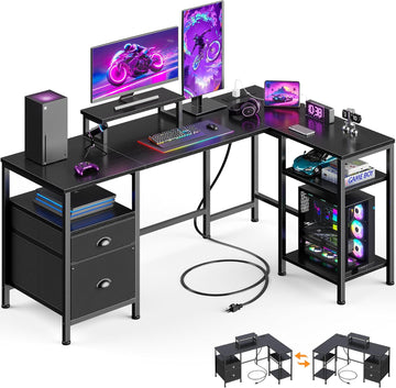 50 Inch L Shaped Gaming Desk with Power Outlet and Drawers, Black | Reversible Computer Corner Design,Fabric File