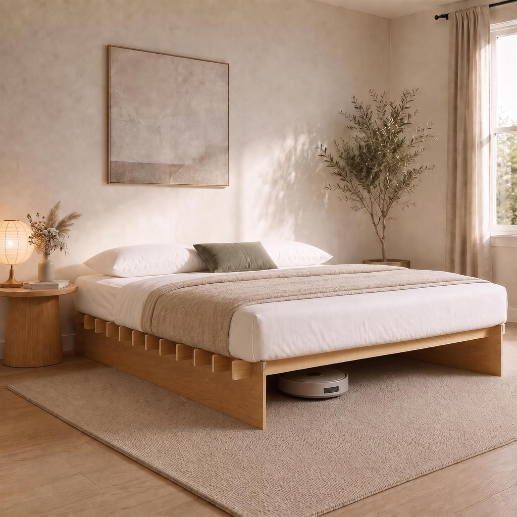 King Size Wood Platform Bed Frame, Japanese Tool-Free Joinery