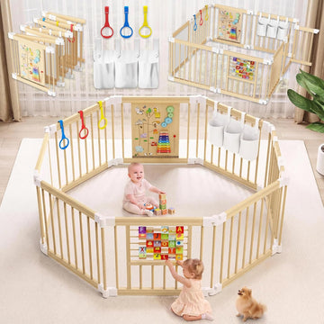 Foldable Baby Gate Playpen, Wooden Play Yard for Babies and Toddlers | Child-Safe Lock, Pre-Assembled for Quick