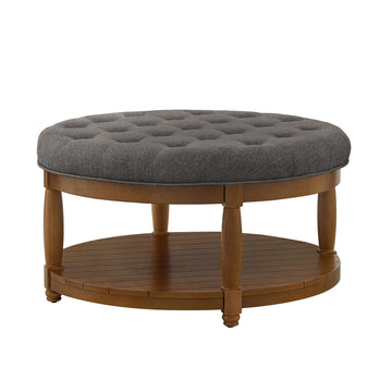 32.5" Large Round Upholstered Tufted Linen Ottoman, Granite