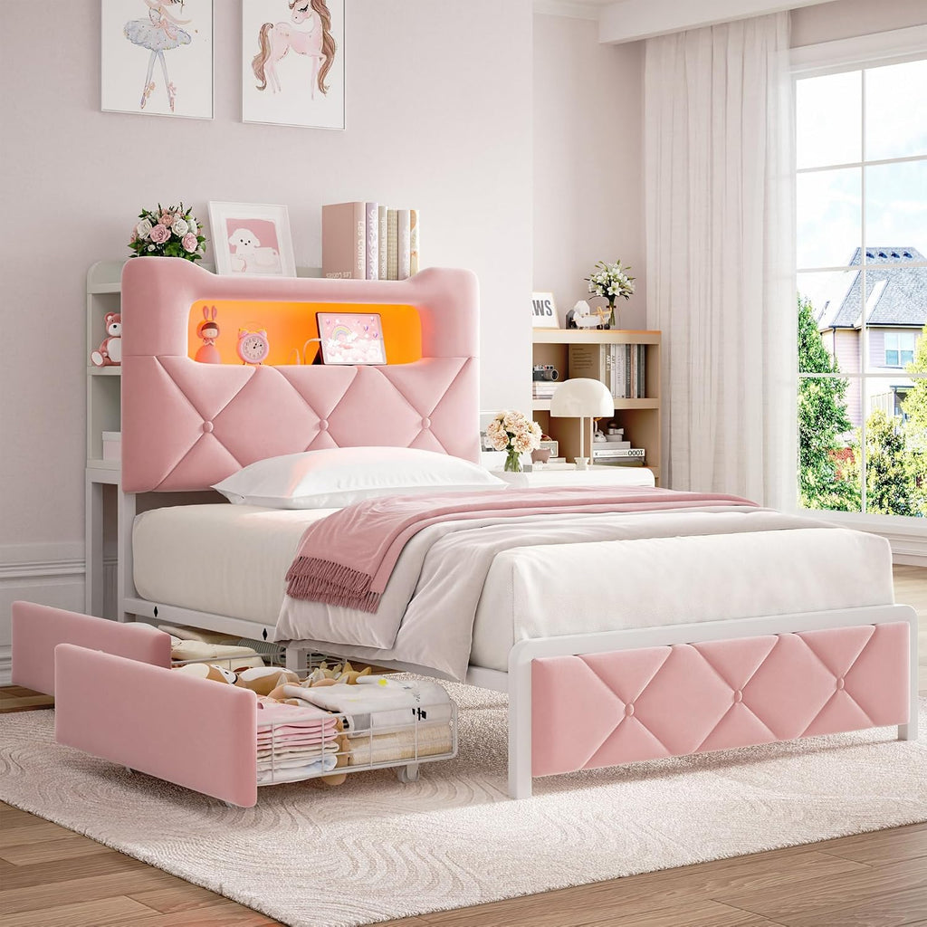 Twin Upholstered LED Bed Frame with 2 Storage Drawers and 2-Tier Storage Bookcase Headboard, Velvet Princess Platform