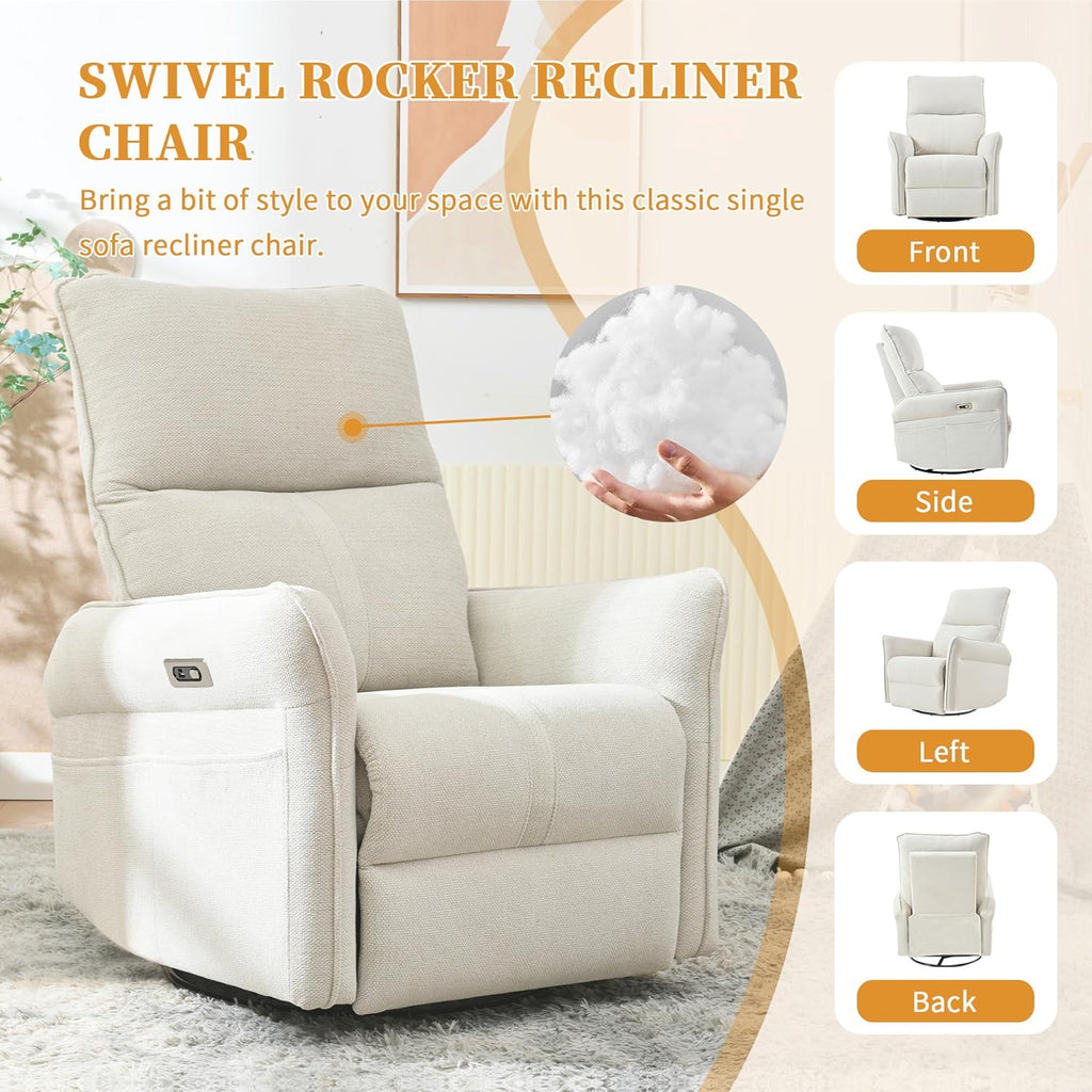 Power Swivel Rocker Recliner Chair , Upholstered Snowflake Velvet 270°Swivel Glider Rocker Chair with USB Ports