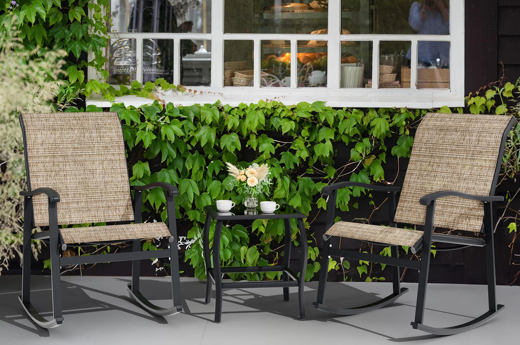3 Piece Outdoor Rocking Bistro Set, Textilene Fabric Small Patio Furniture Set, Front Porch Rocker Chairs