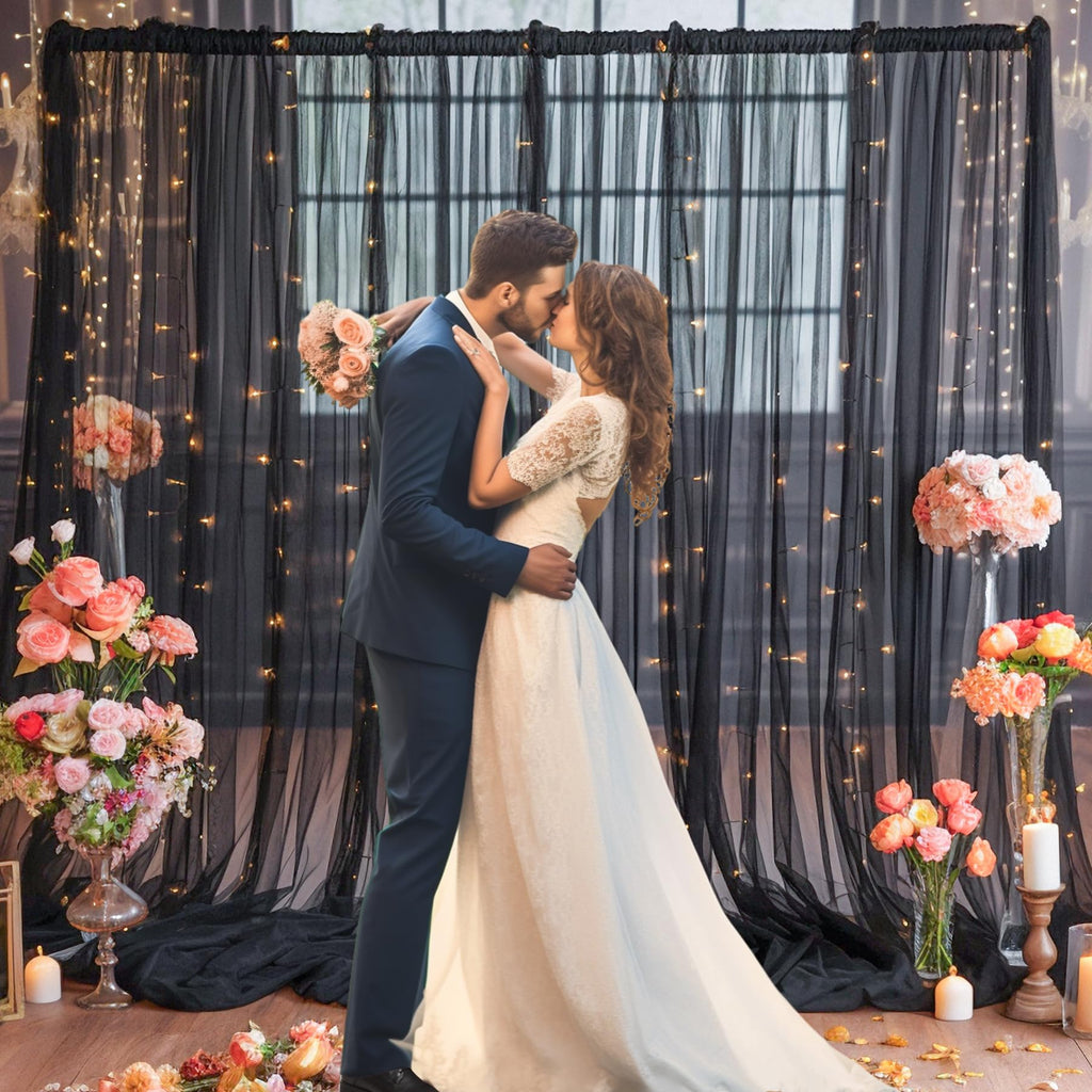 10x10ft Black Tulle Backdrop Curtain with Lights String for Parites, Sheer Photo Backdrop Drapes for Wedding Baby