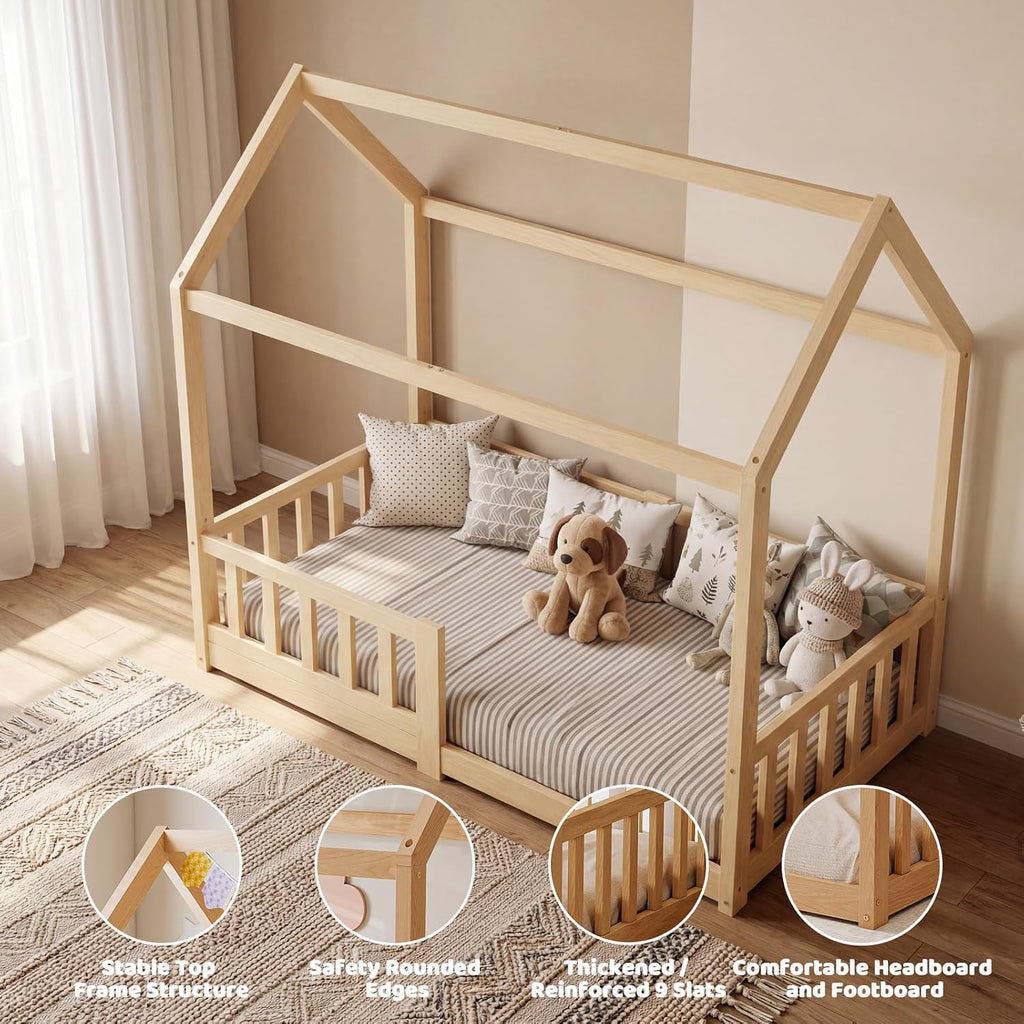 Toddler Bed, Toddler Floor Bed with Safety Guardrails, Wood Montessori House Bed with Roof, Low Toddler Bed Frame