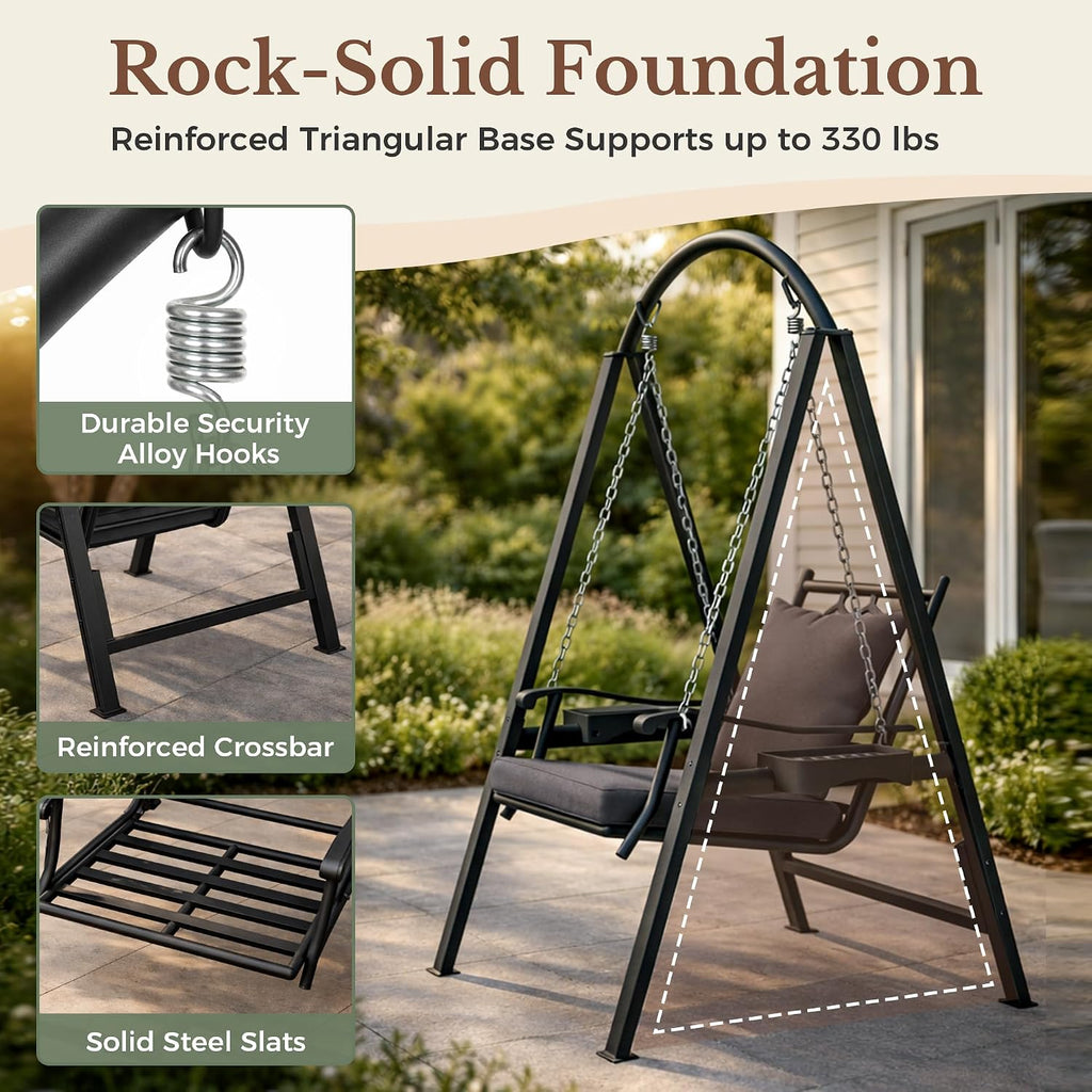 Porch Swing with Stand, 350lbs Heavy-Duty Metal Frame Outdoor Swing for Adults with Dual Side Trays, Adjustable