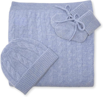 100% Cashmere Baby Blanket Gift Set Cable Knit 0-6 Months Blue